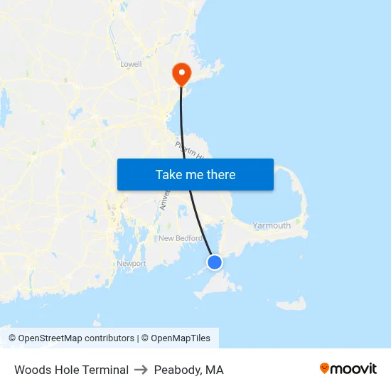 Woods Hole Terminal to Peabody, MA map