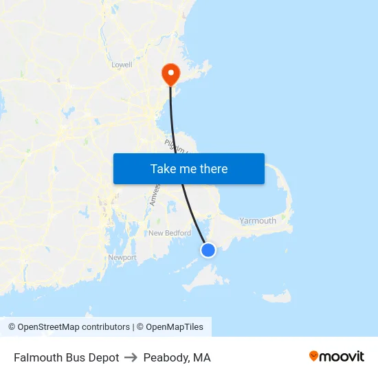 Falmouth Bus Depot to Peabody, MA map