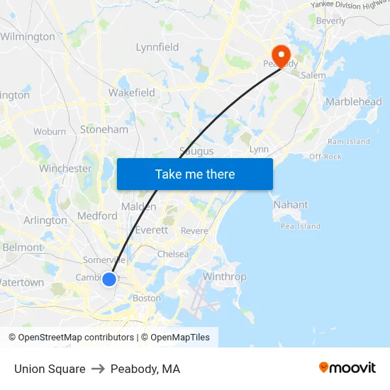 Union Square to Peabody, MA map