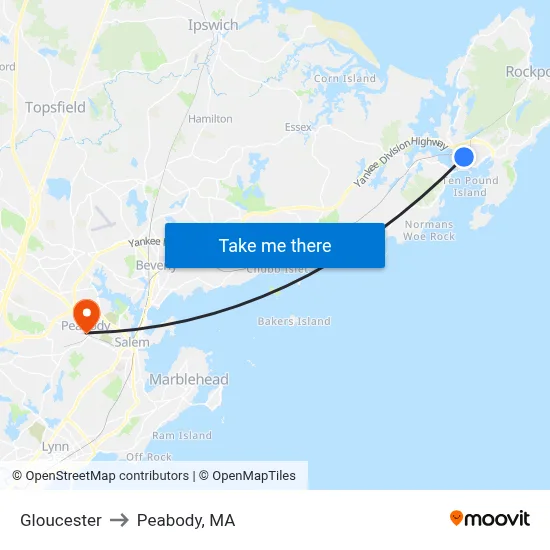 Gloucester to Peabody, MA map