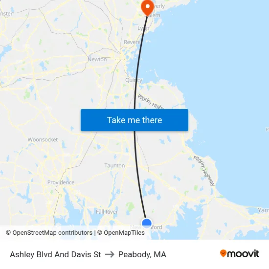Ashley Blvd And Davis St to Peabody, MA map