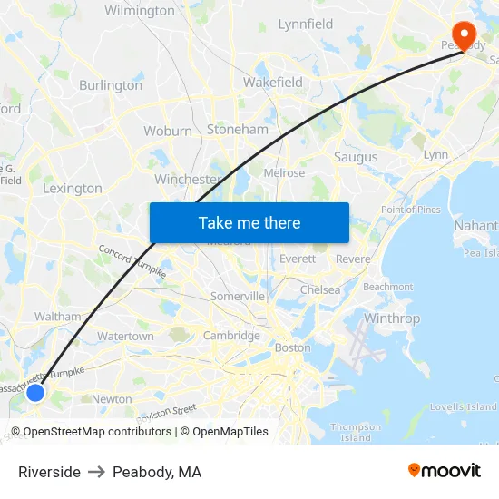 Riverside to Peabody, MA map