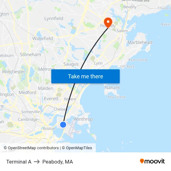 Terminal A to Peabody, MA map