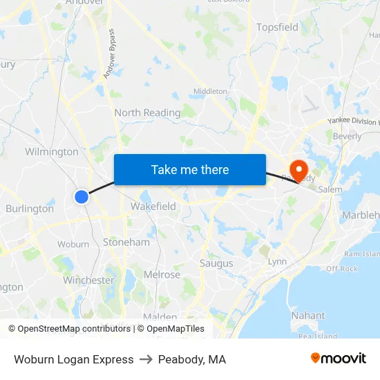 Woburn Logan Express to Peabody, MA map