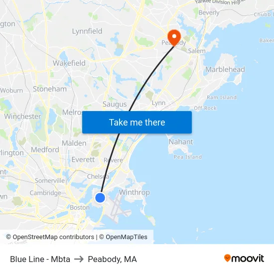 Blue Line - Mbta to Peabody, MA map