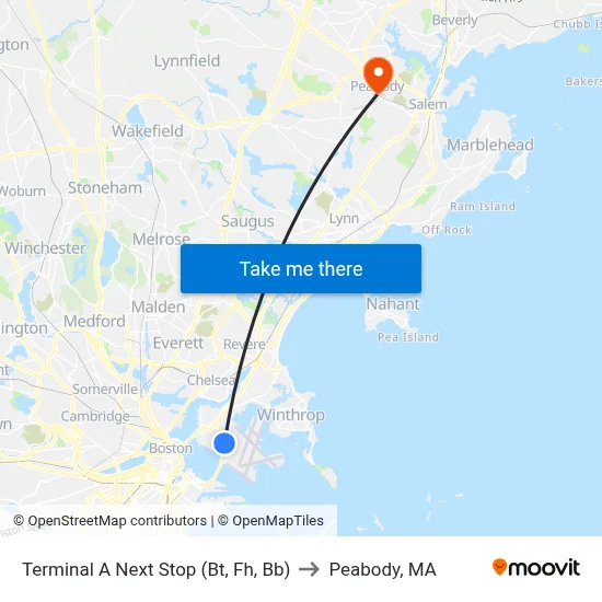Terminal A Next Stop (Bt, Fh, Bb) to Peabody, MA map