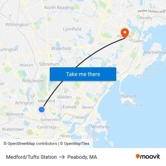 Medford/Tufts Station to Peabody, MA map
