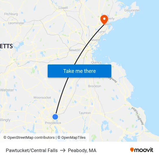 Pawtucket/Central Falls to Peabody, MA map