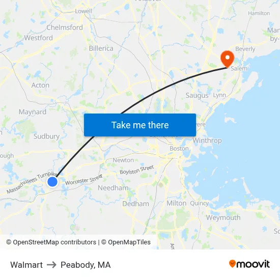 Walmart to Peabody, MA map