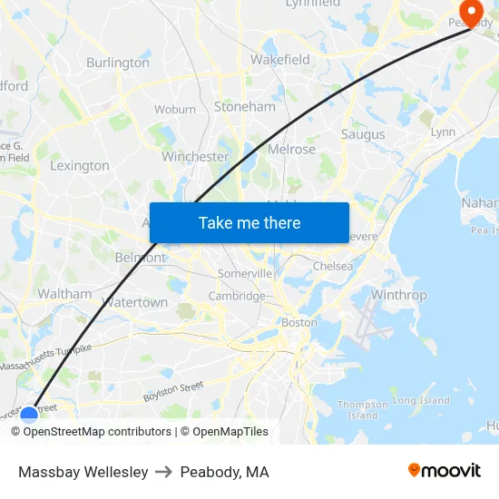 Massbay Wellesley to Peabody, MA map