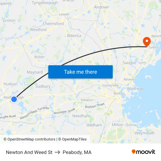 Newton And Weed St to Peabody, MA map