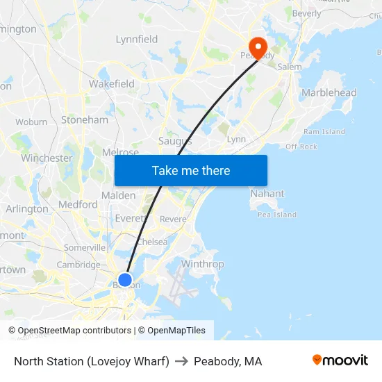 North Station (Lovejoy Wharf) to Peabody, MA map