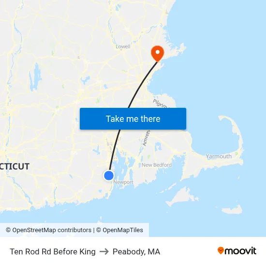 Ten Rod Rd Before King to Peabody, MA map