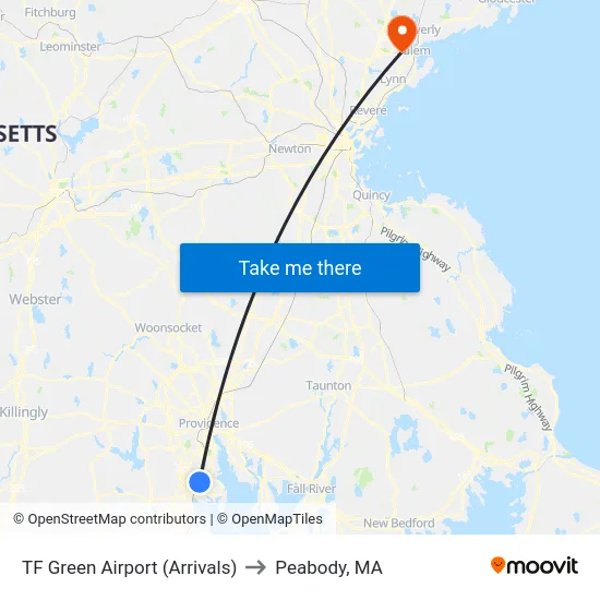 TF Green Airport (Arrivals) to Peabody, MA map