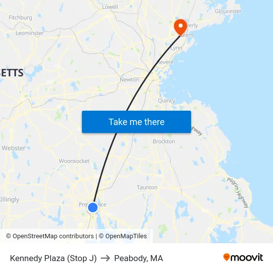 Kennedy Plaza (Stop J) to Peabody, MA map