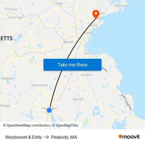 Weybosset & Eddy to Peabody, MA map