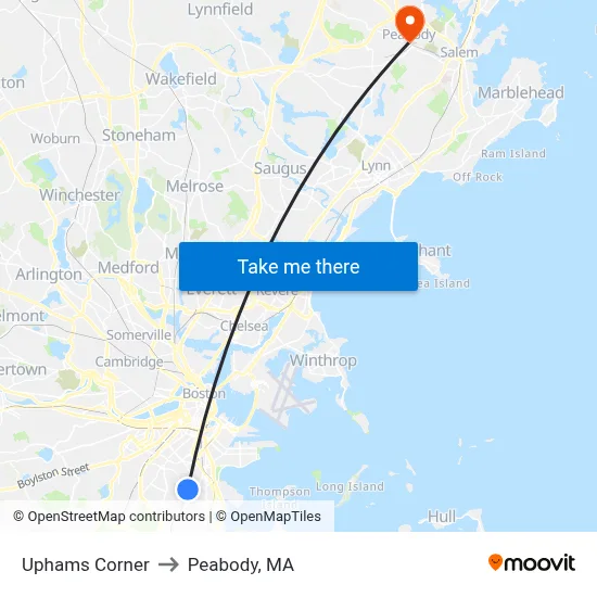Uphams Corner to Peabody, MA map