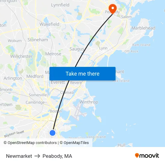Newmarket to Peabody, MA map