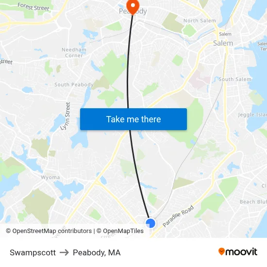 Swampscott to Peabody, MA map