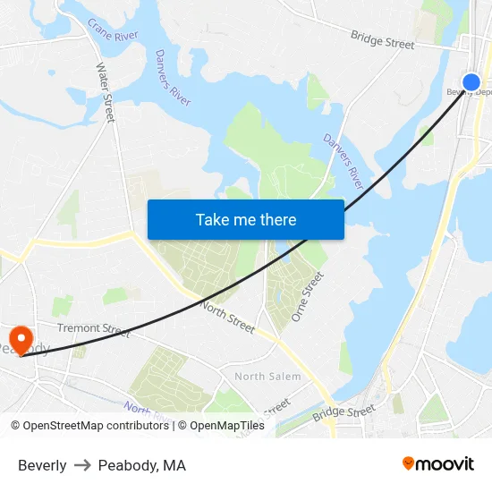 Beverly to Peabody, MA map