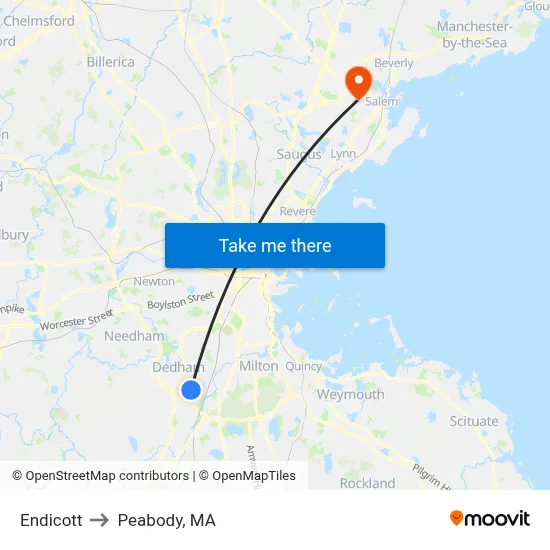 Endicott to Peabody, MA map