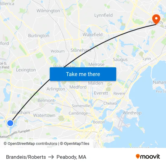 Brandeis/Roberts to Peabody, MA map