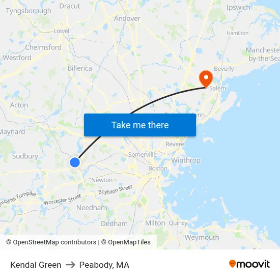 Kendal Green to Peabody, MA map