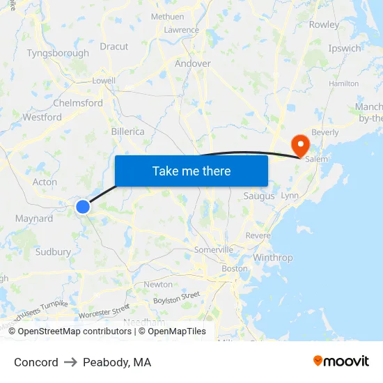 Concord to Peabody, MA map