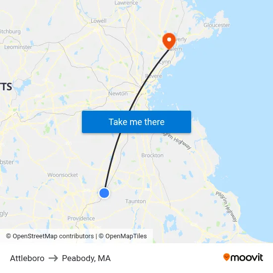 Attleboro to Peabody, MA map