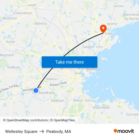 Wellesley Square to Peabody, MA map