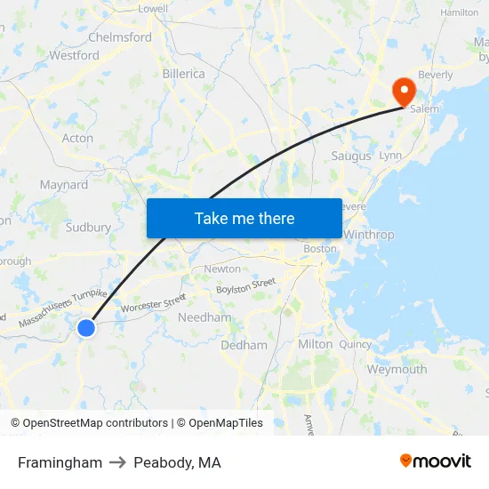 Framingham to Peabody, MA map