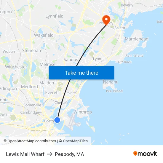 Lewis Mall Wharf to Peabody, MA map