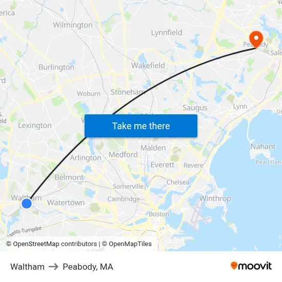 Waltham to Peabody, MA map