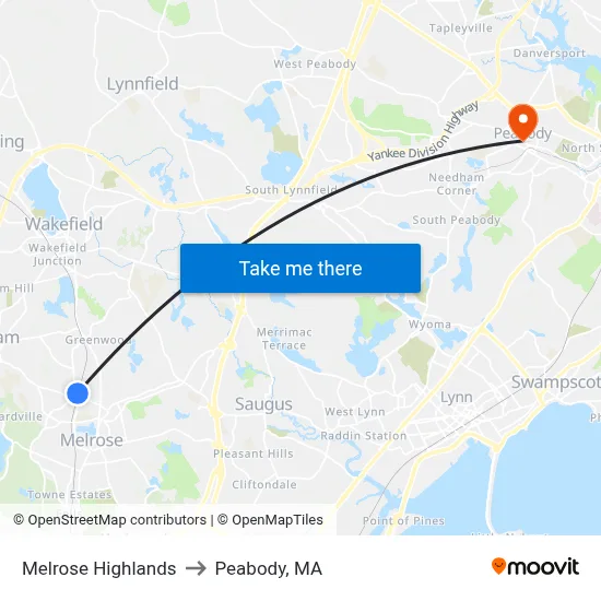 Melrose Highlands to Peabody, MA map
