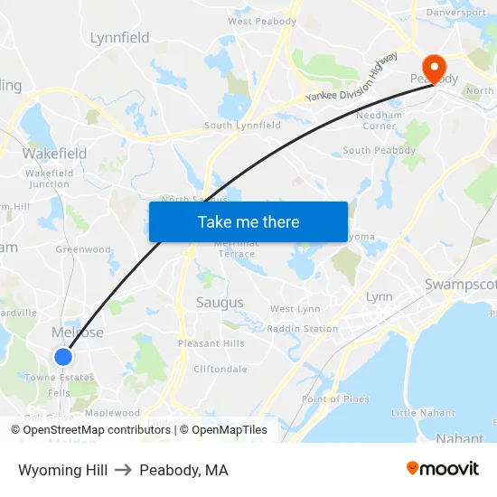 Wyoming Hill to Peabody, MA map