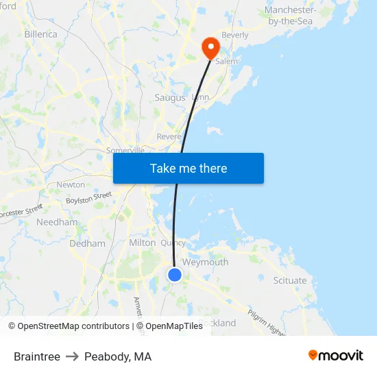 Braintree to Peabody, MA map
