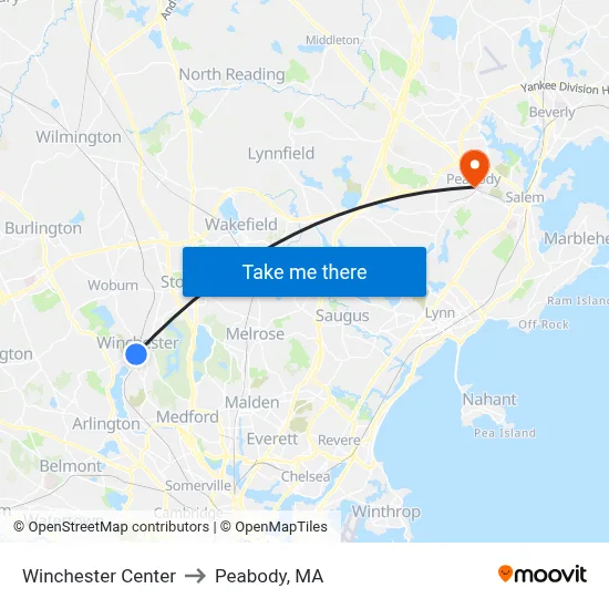 Winchester Center to Peabody, MA map