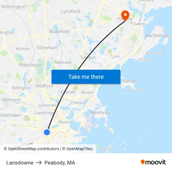 Lansdowne to Peabody, MA map