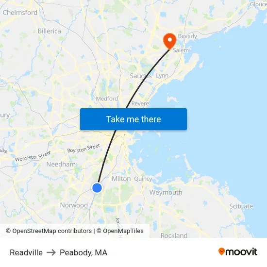 Readville to Peabody, MA map