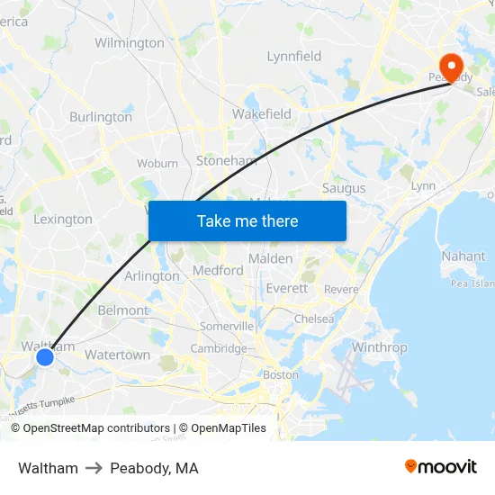 Waltham to Peabody, MA map