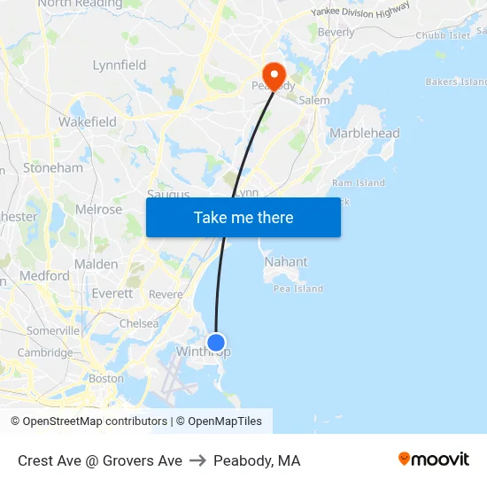 Crest Ave @ Grovers Ave to Peabody, MA map