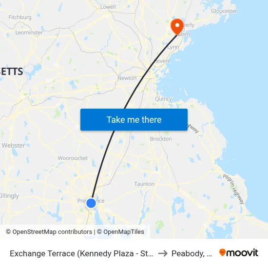 Exchange Terrace (Kennedy Plaza - Stop X) to Peabody, MA map