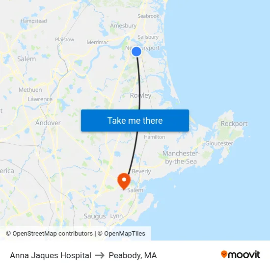 Anna Jaques Hospital to Peabody, MA map