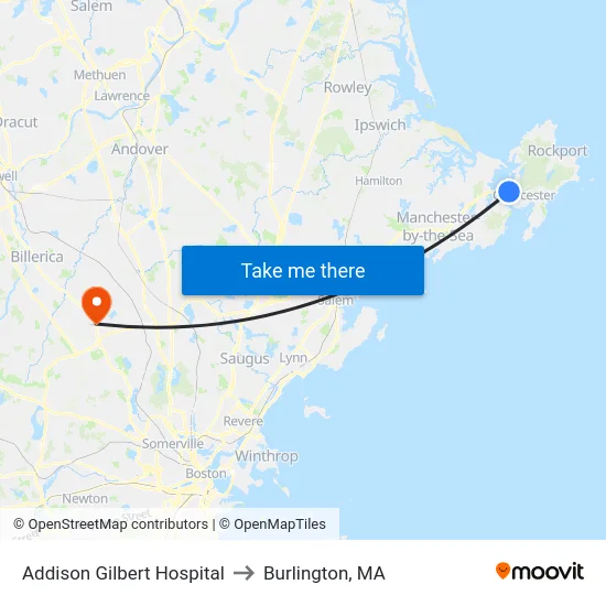 Addison Gilbert Hospital to Burlington, MA map