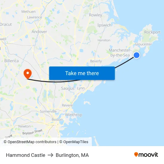 Hammond Castle to Burlington, MA map