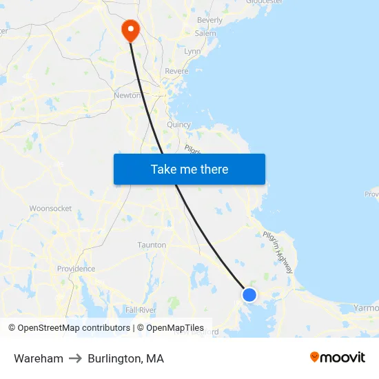 Wareham to Burlington, MA map