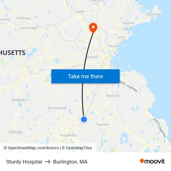 Sturdy Hospital to Burlington, MA map