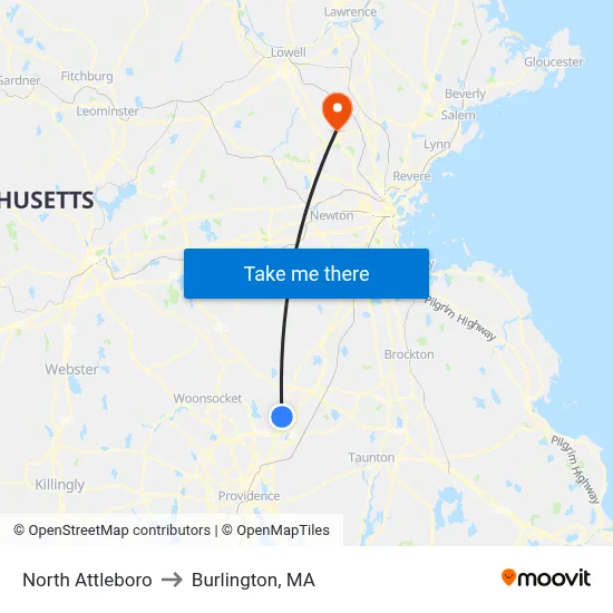 North Attleboro to Burlington, MA map