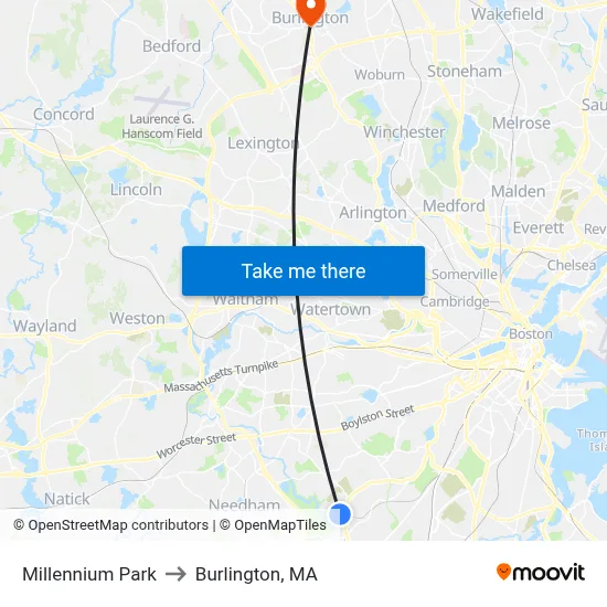Millennium Park to Burlington, MA map