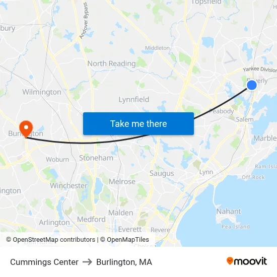 Cummings Center to Burlington, MA map